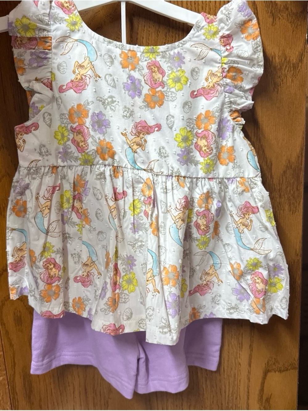 2pc size 3T Girls White Floral & Little Mermaid Ruffle Top with Lavender Shorts